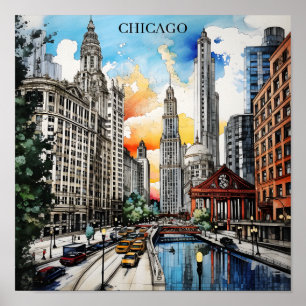 Poster Paysage de Chicago à l'aquarelle – Ville venteuse