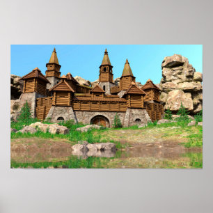 Poster Paysage de forteresse en bois médiévale