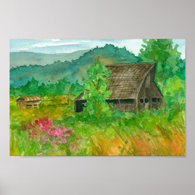 Poster Paysage de la campagne de la grange pois doux aqua (Devant)