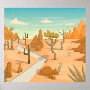 Poster Paysage de la route du désert : Cartoon Vintage.