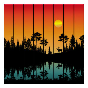Poster Paysage de lever de soleil en forêt au coucher du