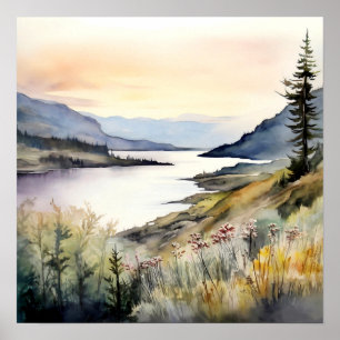 Poster Paysage de montagne aquarelle peinture art Imprime
