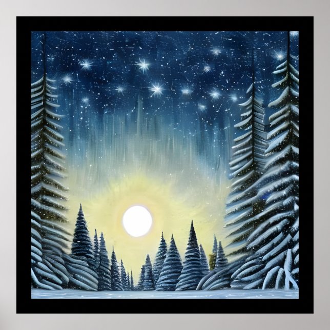 Poster Paysage De Neige À feuillage persistant Lune Sous  (Devant)