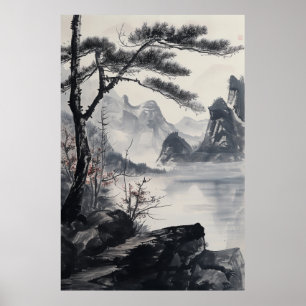 Poster Paysage de peinture à l'encre remarquable de style