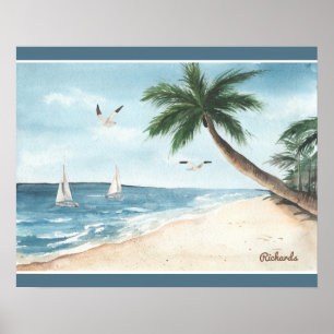 Poster Paysage de plage avec voiliers Aquarelle Bleu
