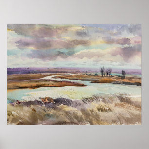 Poster Paysage de prairie aquarelle. Art ukrainien