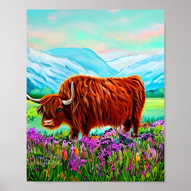 Poster Paysage de vache Highland Peinture (Devant)