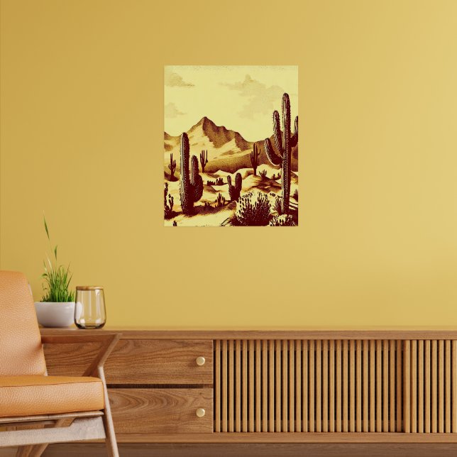 Poster Paysage désertique, cactus, lever du soleil, vinta (Salon 2)