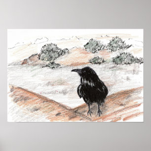 Poster Paysage Désertique Oiseau Corbeau Rochers Rouges N