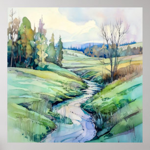 Poster Paysage d'été du pays Aquarelle