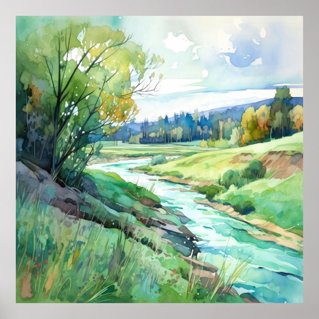 Poster Paysage d'été du pays Aquarelle (Devant)