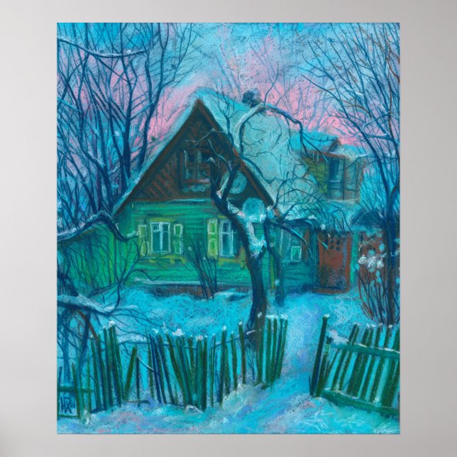 Poster Paysage d'hiver Ancien gîte Maison Pastel Peinture (Devant)