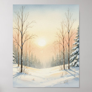 Poster Paysage d'hiver cosy à l'aquarelle – Lever de sole