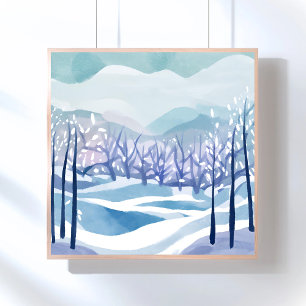 Poster Paysage d'hiver enneigé bleu peinture à l'aquarell