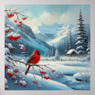 Poster Paysage d'hiver et d'oiseaux rouges 7