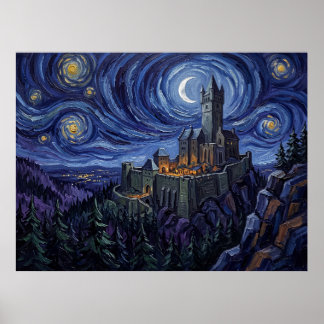 Poster Paysage d'horreur nocturne étoilée du château de F