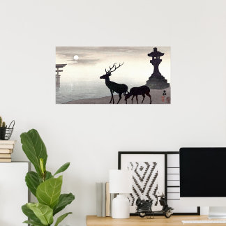 Poster Paysage d'Ohara Koson avec cerfs