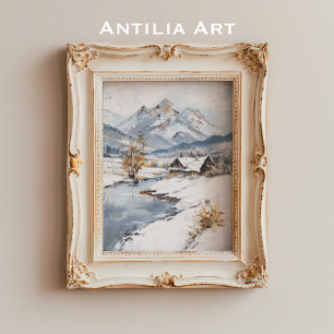 Poster Paysage du Cabine de la montagne vintage Snowy