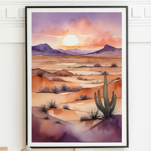Poster Paysage du désert d'aquarelle avec coucher de sole