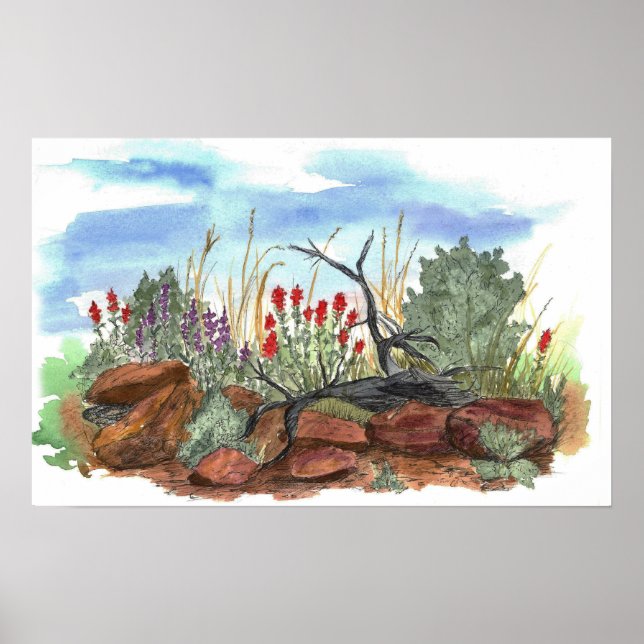 Poster Paysage du désert indien aux fleurs de pinceau (Devant)