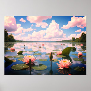 Poster Paysage du lac avec fleurs d'eau et nuages roses