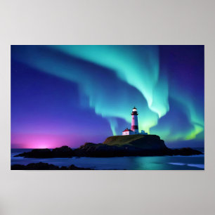Poster Paysage du phare Côte Océan Aurora Nuit