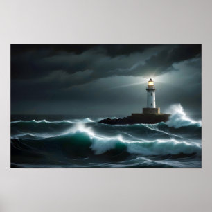 Poster Paysage du phare Côte Océan Vagues Nuit Mer