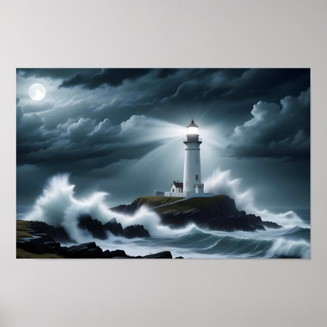Poster Paysage du phare Côte Océan Vagues Nuit Mer (Devant)