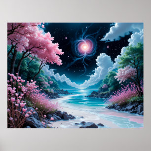 Poster Paysage Enchanteur Avec Fleurs de Cerisier Roses