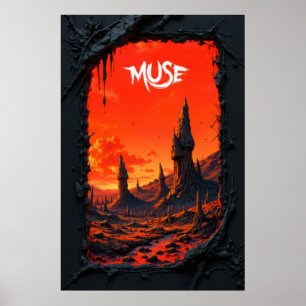 Poster Paysage fantastique avec ciel enflammé et tours