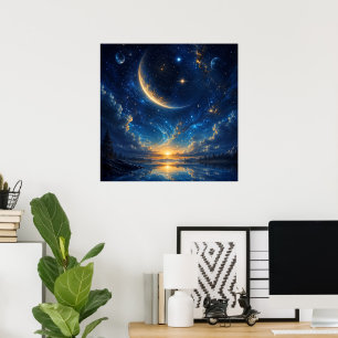Poster Paysage fantastique de lune croissante cosmique — 
