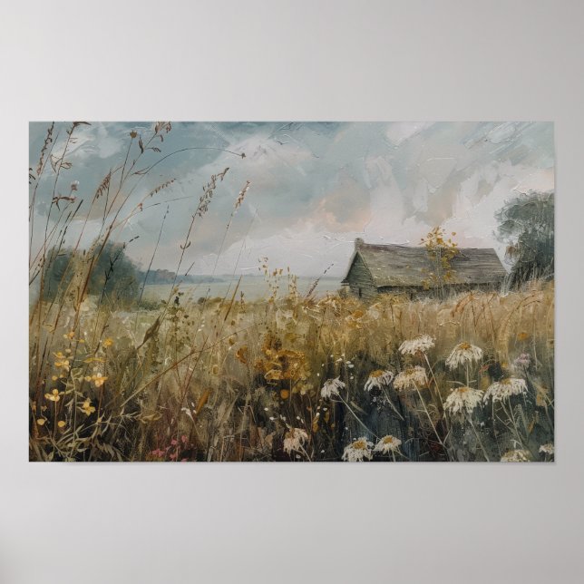 Poster Paysage fleur sauvage, peinture de champs de fleur (Devant)