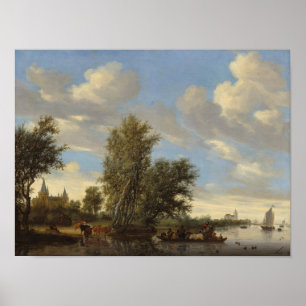 Poster Paysage fluvial avec traversier, 1649 (huile sur t