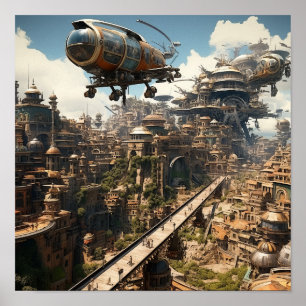 Poster Paysage futuriste : voitures volantes spectaculair