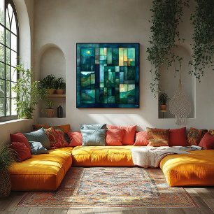 Poster Paysage géométrique Lune - Turquoise et vert