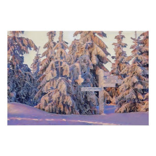 Poster Paysage hivernal avec arbres enneigés aquarelle
