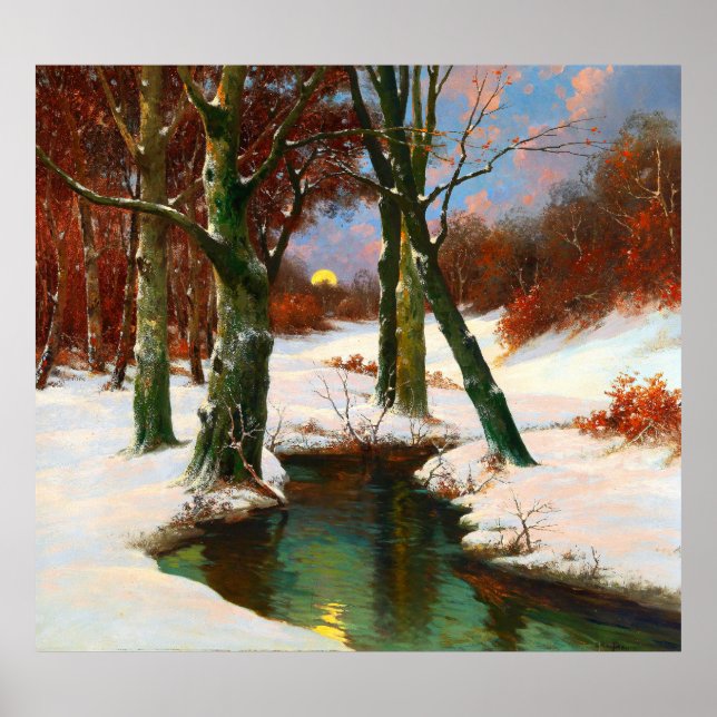 Poster Paysage hivernal avec la lune montante Adolf Kaufm (Devant)