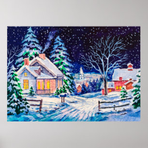 Poster Paysage hivernal enneigé. Maison de campagne. Noël