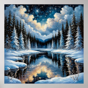 Poster Paysage hivernal étoilé avec des arbres enneigés
