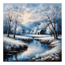 Paysage hivernal panoramique avec cabane et ruisse