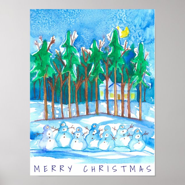 Poster Paysage hivernal Snowman Joyeux Noël (Devant)