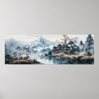 Poster Paysage japonais Aquarelle Lac de montagne