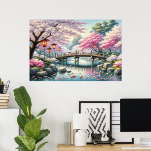 Poster Paysage japonais avec Pont, Koi et Sakura