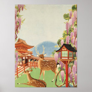 Poster Paysage JAPONAIS   cerf sacré de Nara   temple