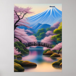 Poster Paysage Japonais Fleurs De Cerisiers Et Montagne