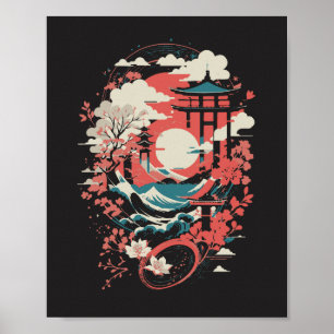 Poster Paysage japonais graphique soleil rouge pagode et