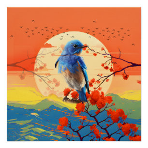 Poster Paysage japonais moderne de nature avec oiseau en 