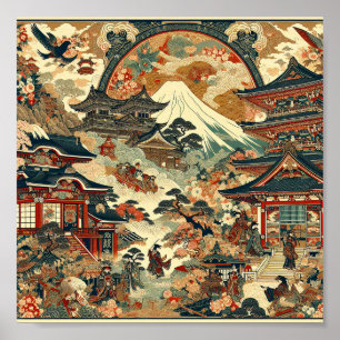 Poster Paysage japonais Mt Fuji Temples Cerisiers en fleu