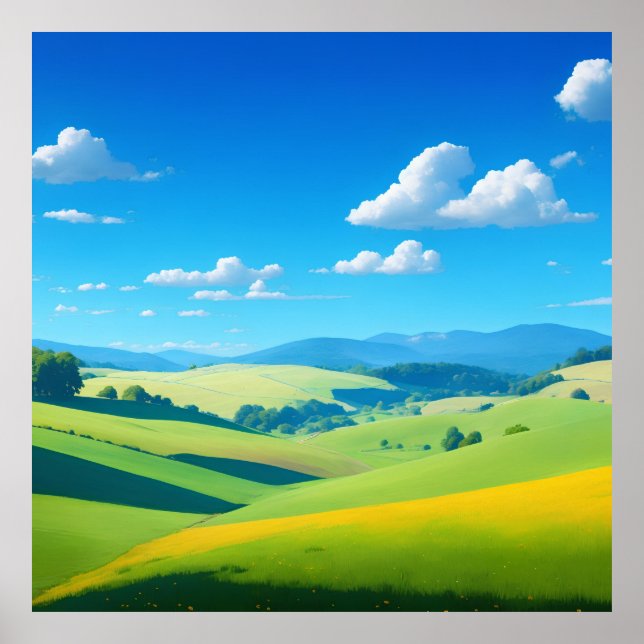 Poster paysage lumineux avec des collines ondulées (Devant)