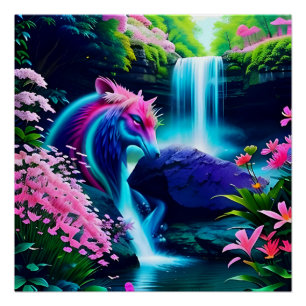 Poster Paysage magique Cascade et fleurs deux